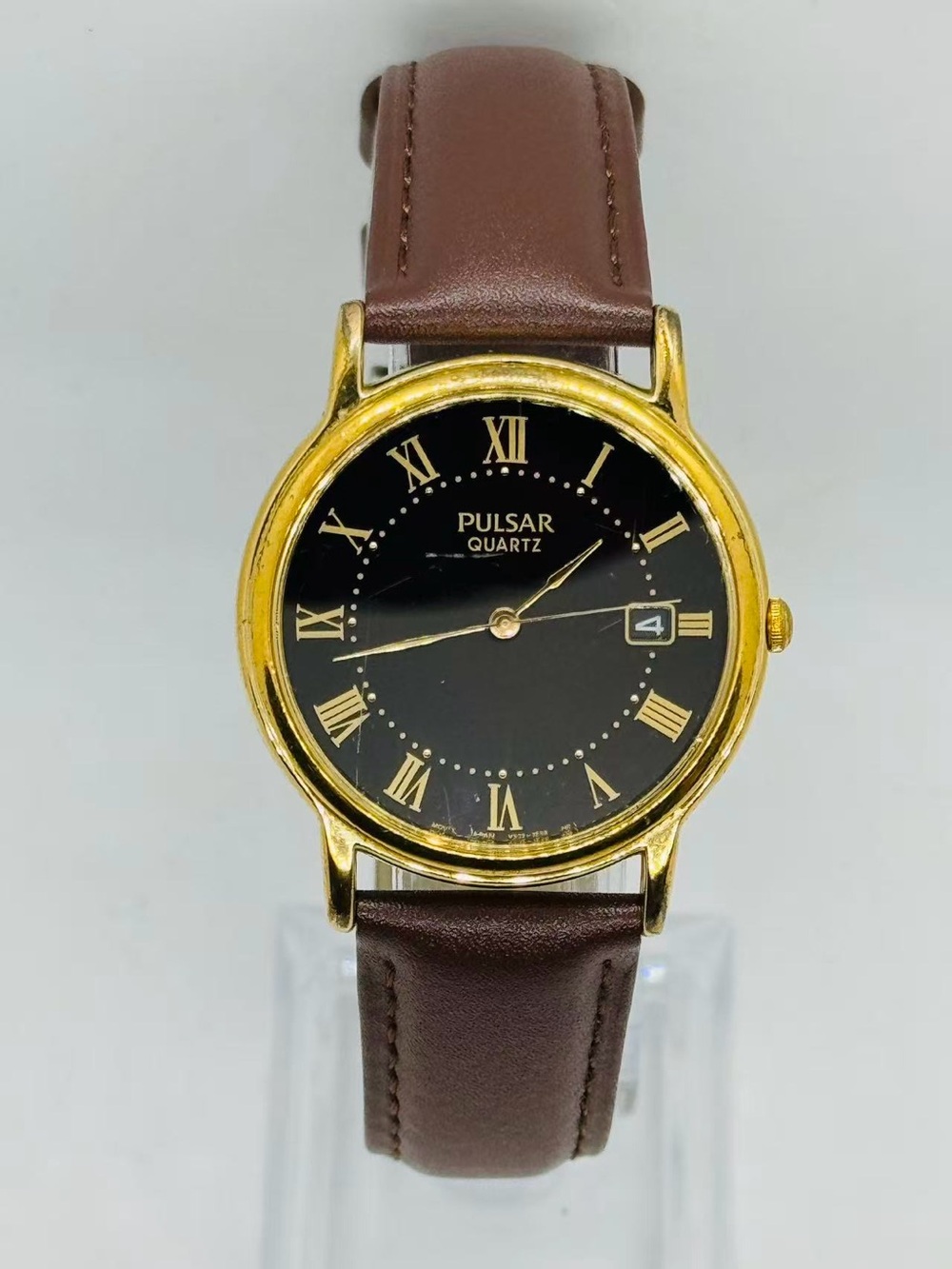 Vintage Pulsar Quartz Men Watch Black Roman Dial Date Gold Tone New Battery Runs